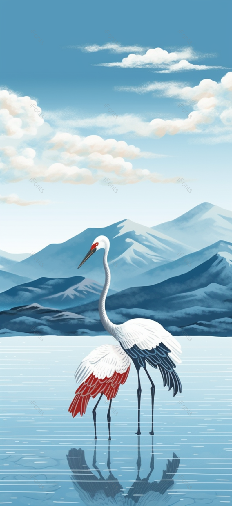 水波荡漾里仙鹤和高山白云传统中国风插画,插画/手绘图,插画/手绘图库,插画/手绘图下载,插画/手绘